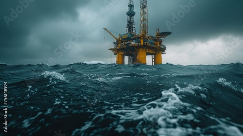 Offshore oil rig standing resilient against the stormy ocean waves photo