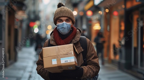 Delivery person with protective face mask holding a package in the city