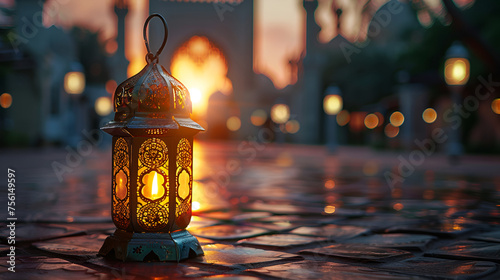 A Islamic themed lantern with the light on in the background. Ramadan concept