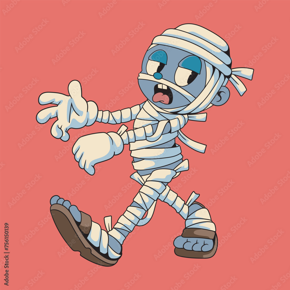 Obraz premium Illustration of Halloween Horror Cute Running and Chasing Mummies Egypt Retro Vintage Mascot Character Cartoon Design