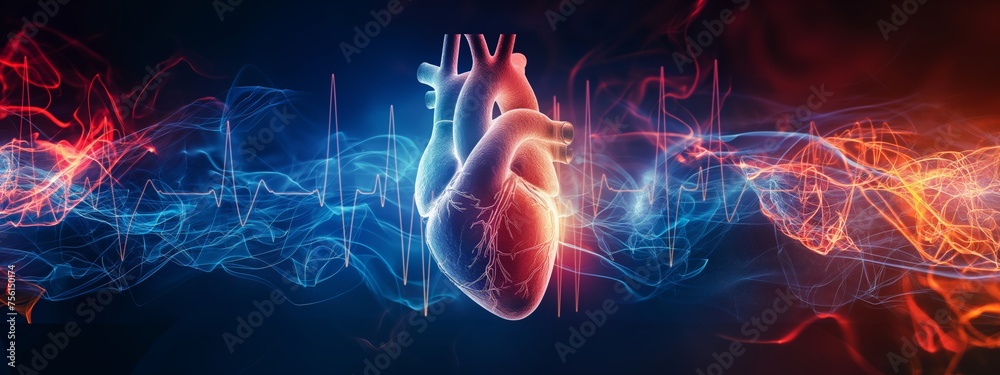 Animated representation of a human heart engulfed in vibrant energy streams. - obrazy, fototapety, plakaty 