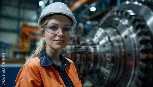 Machining female engineer inspect of wind turbine blades engine manufacturing in production room