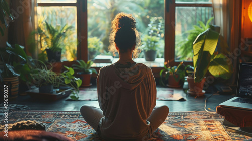 Person meditating in a serene home filled with lush indoor plants.