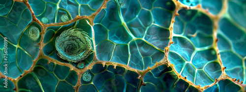 Magnified plant tissue revealing intricate cell patterns and blue hues. photo