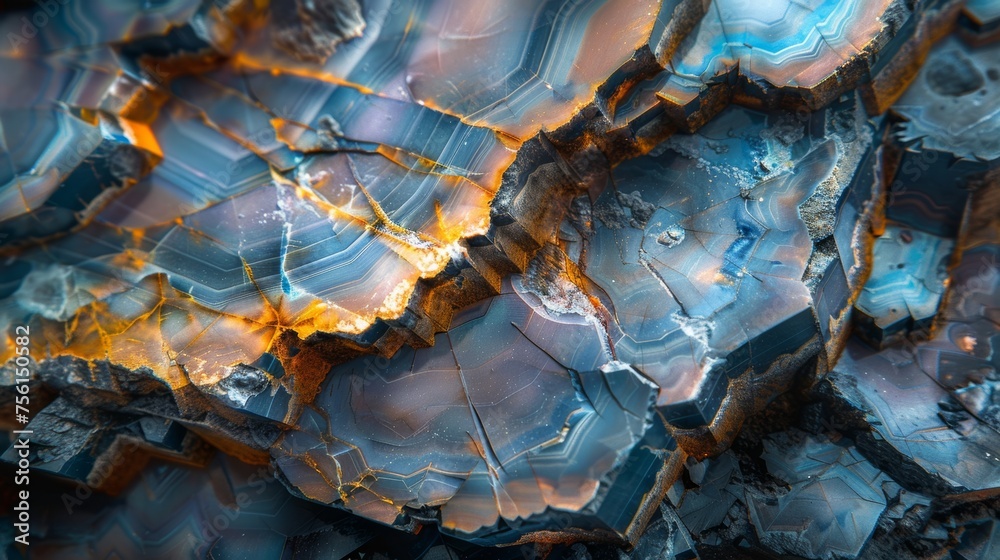 Macro view of a geode with crystal formations in blue and gold tones - obrazy, fototapety, plakaty 
