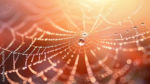  Dew on a spider web with sunlight, creating a bokeh effect. © Sergei