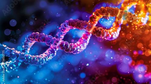 A vibrant digital illustration of a DNA double helix with colorful lights representing genetic engineering