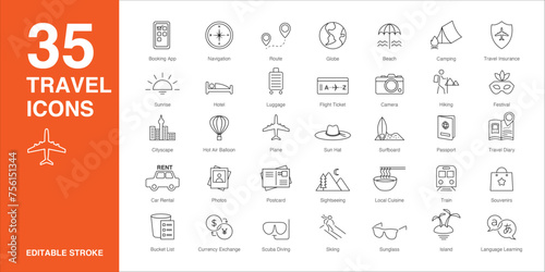 Travel and tourism icon set in line style. Travel and tourism simple black line style symbol sign for apps and website and infographic vector illustration.