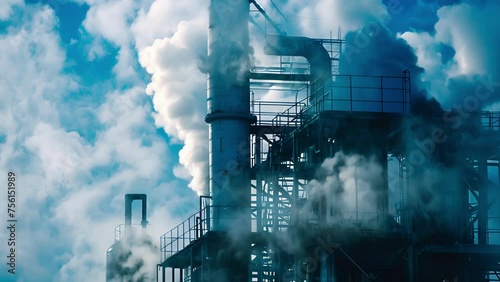 An industrialscale distillation tower with steam rising from its various chambers as the final purification process takes place. photo