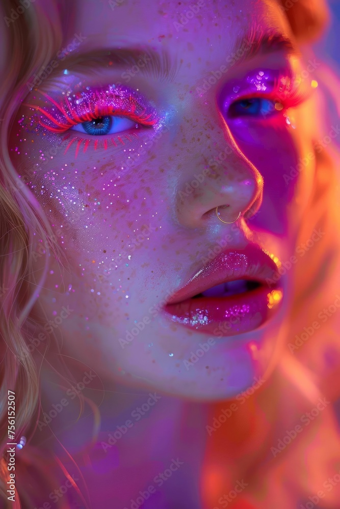 Intimate close-up of a woman's face with neon pink eyelashes and ethereal glitter Intimate close-up of a woman's face with neon pink eyelashes and ethereal glitter