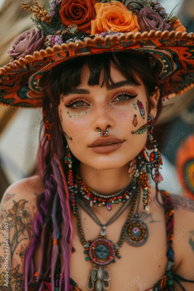 Mysterious tattooed woman adorned with a floral hat and tribal jewelry
