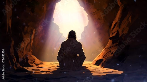 A hermit meditation at the entrance of a hidden cave. Fantasy landscape anime or cartoon style, looping 4k video animation background
