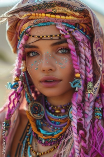 Portrait of a bohemian woman with purple braids and decorative face gems