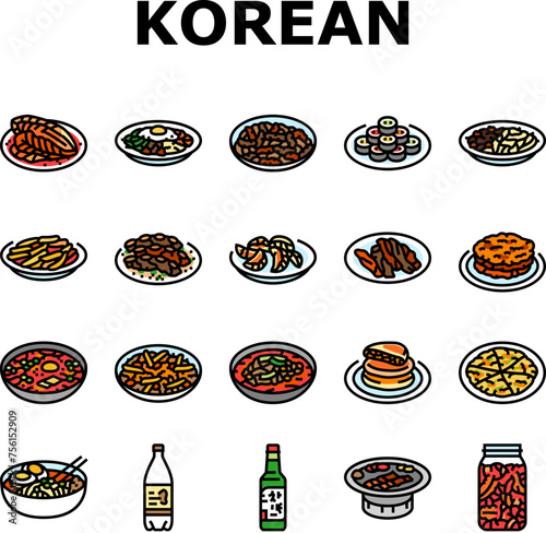 korean cuisine food asian icons set vector. korea menu, noodle top meal, bibimbap rice, topokki soup, chicken, healthy, dish korean cuisine food asian color line illustrations