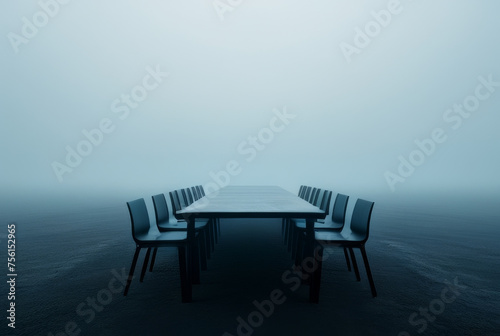 Conference table and chairs in the morning fog. 3D rendering