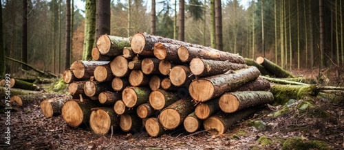 A stack of logs left in the forest after logging  representing a natural material harvested from trees. These trunks are a common sight in terrestrial plant biomes