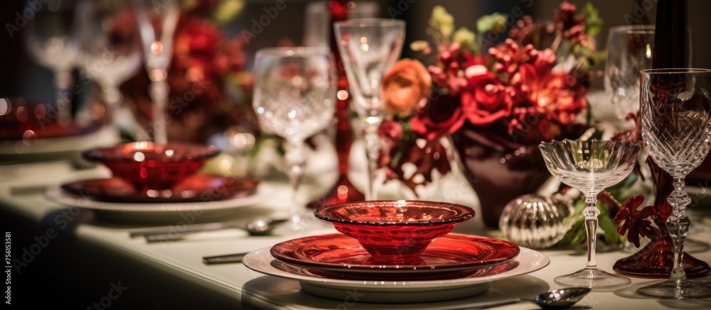 Wedding table decor and glassware at a gallery.