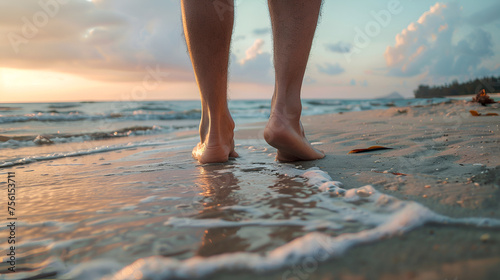 male feet standing on sandy beach, generative ai