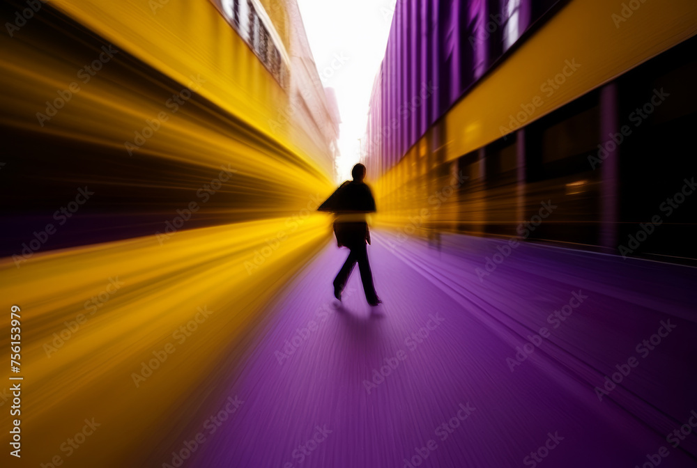 Silhouette of a man in a purple coat and hat walking on the street Silhouette of a man in a purple coat and hat walking on the street