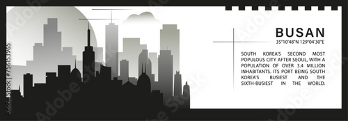 Busan skyline vector banner  black and white minimalistic cityscape silhouette. South Korea city horizontal graphic  travel infographic  monochrome layout for website 