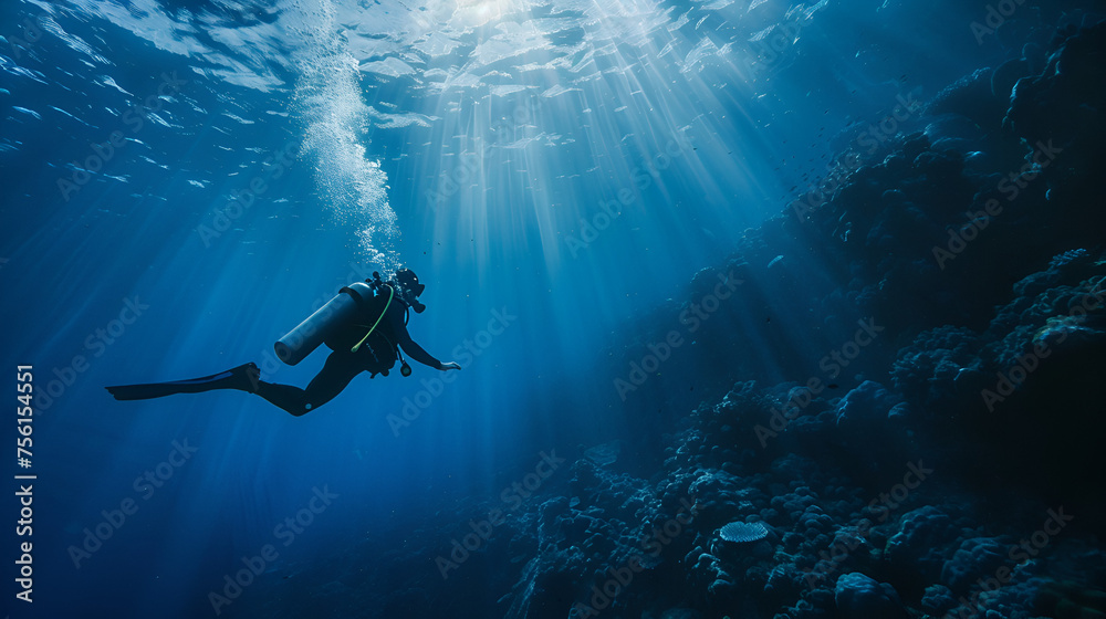 unusual photo diver underwater background, generative ai - obrazy, fototapety, plakaty 