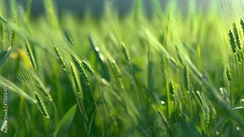 Green wheat field on sunny day, closeup. Nature background.