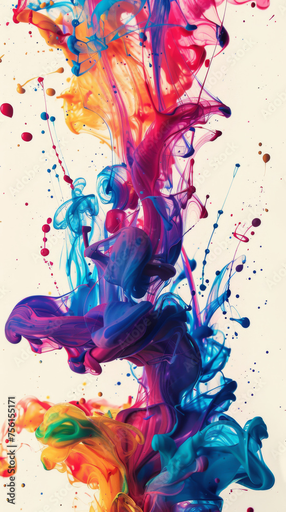 Abstract colorful paint splashes and swirls on white background