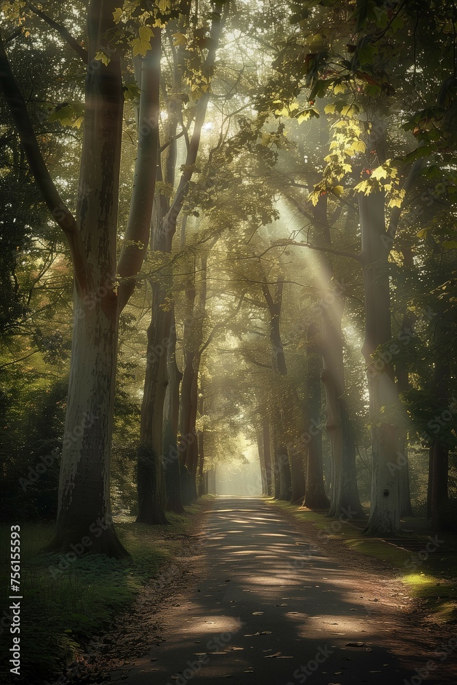 A small road with tall plane trees on both sides, dark green leaves, sunlight shining down.