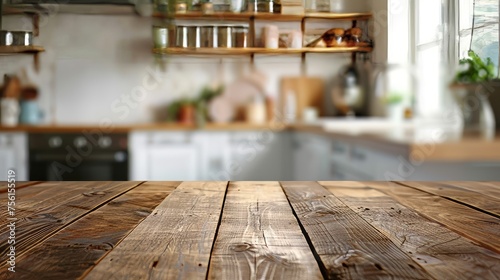Wooden Table with Blur Kitchen Background