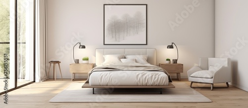 Interior of simple master bedroom with neutral walls, wooden flooring, large bed, chair, and blank poster frame.