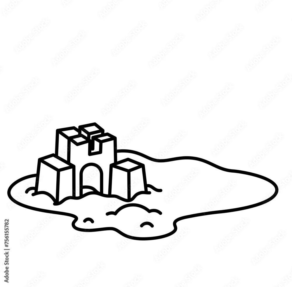 Obraz premium cute Sand castle summer holidays icon outline cartoon doodle coloring illustration 