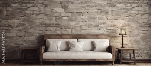 An interior design featuring a wood couch and a lamp in front of a brick wall. The rectangleshaped furniture adds warmth to the room photo