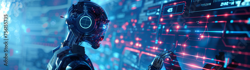 A futuristic robot is studying data on digital screens, surrounded by glowing connections and complex graphs.