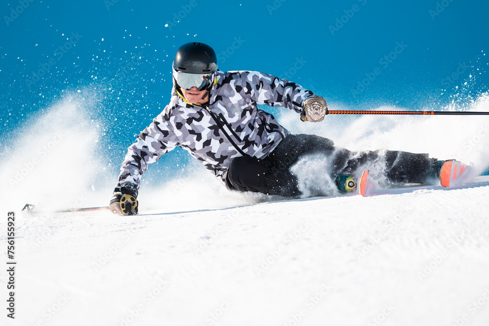 Expert skier on the slopes of Grandvalira in Andorra in Winter 2024