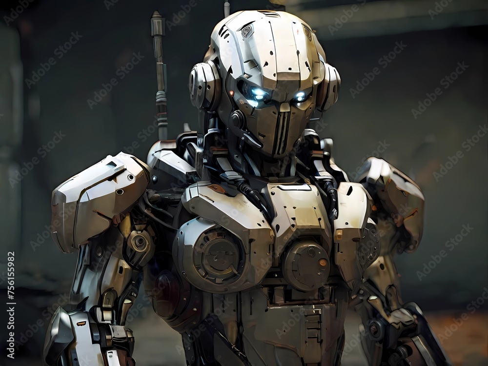 Fototapeta premium Sci-fi mech soldier on black. Military futuristic robot warrior with gray color metal. Danger Cyborg guard illustration