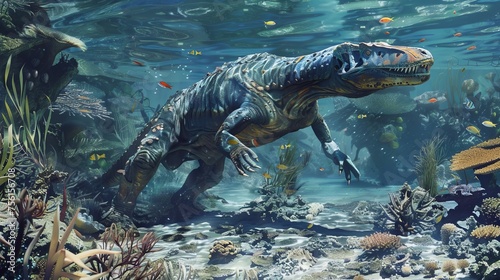 sea dinosaur fossil on the bottom of the sea © Ariestia
