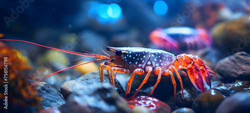 colorful shrimp on the rocks, photographed aesthetically, ai generative