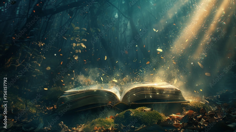 Magical book as the centerpiece of a wide banner its pages a portal to a fairytale world - obrazy, fototapety, plakaty 