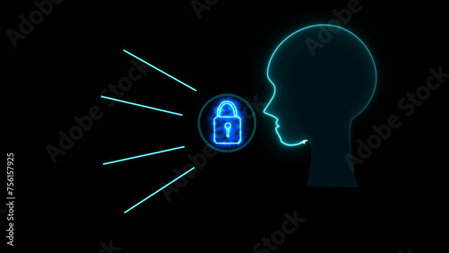 a neon blue human head outline with a glowing lock symbol inside, representing concepts like mental privacy or security. Beams of light emanate from the lock, activation or alertness. © darkfoxelixir