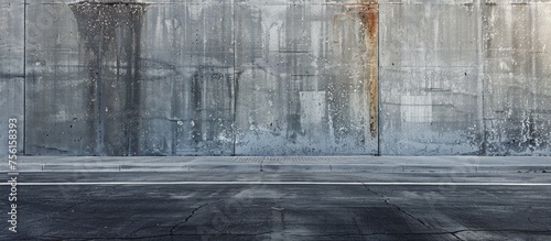 A grey concrete wall stands next to an asphalt road surface in the city, with a concrete floor and glass facade. Freezing and automotive tire marks can be seen on the flooring