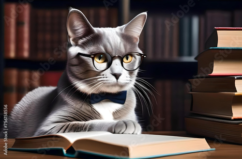 The cat is in the library. He's sitting in front of books. A learned cat reads books