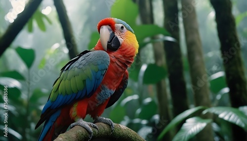 A colorful macaw perched on a branch in a dense forest environment