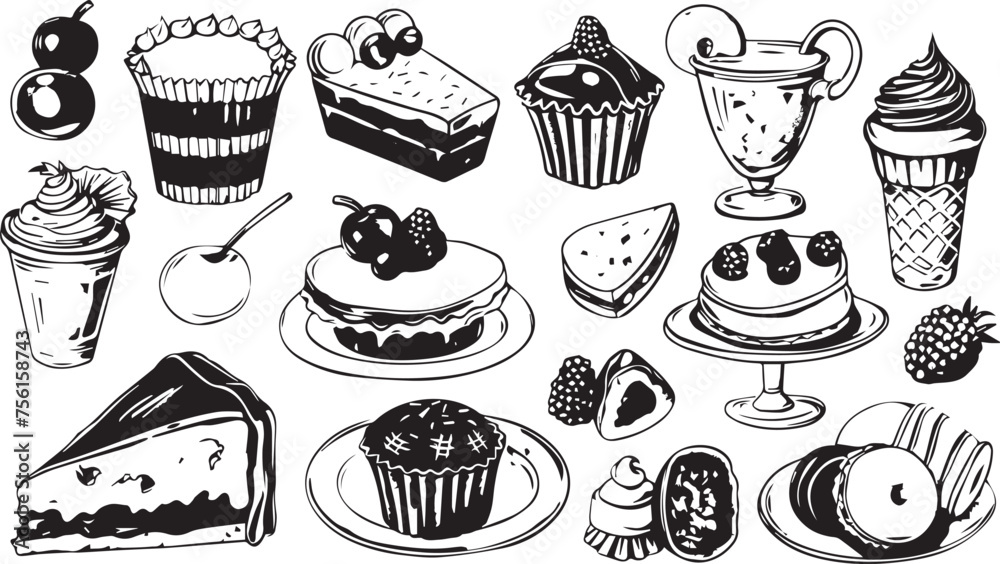 Black silhouettes Vector sketchy set sweet food on white background