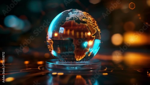 A miniature hologram of a globe spins on a table projecting a web of routes and destinations highlighting the global reach and precision of a IoTenhanced logistics tracking photo