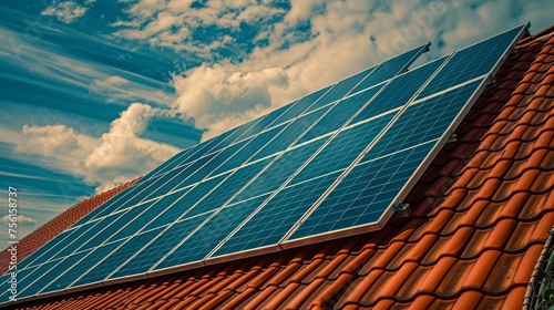 Renewable Energy Sources: Solar photovoltaic panels installed on the rooftop, eco friendly environment
