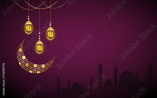 dark purple luxury Islamic background with lanterns and a glowing crescent moon