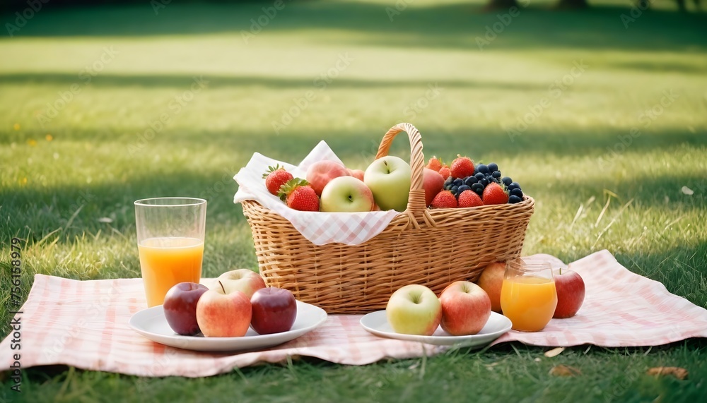 A variety of fresh fruits including apples, arranged in and around a wicker basket on a grass surface with a wooden fence in the background.