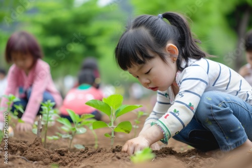 Toddler girl learning to plant little trees for environment conservation.Children lean farming to protect the ecosystem