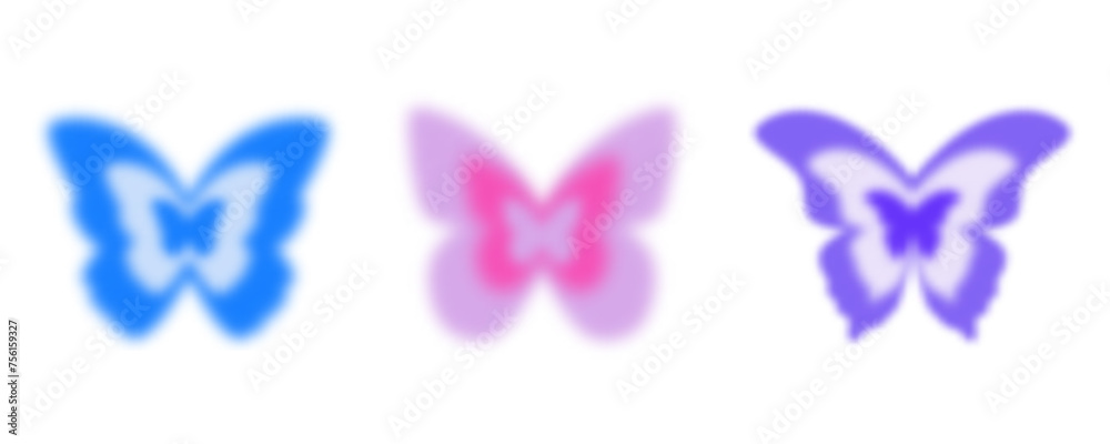 Naklejka premium Y2k aura butterfly. Blurred gradient sticker. Holographic aesthetic groovy elements on white background. Soft neon retro figures. Vector collection.