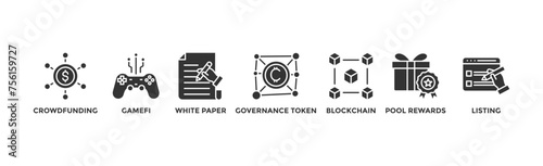 IGO banner web icon illustration concept of initial game offering with icon of crowdfunding, gamefi, white paper, governance token, blockchain, pool rewards and listing